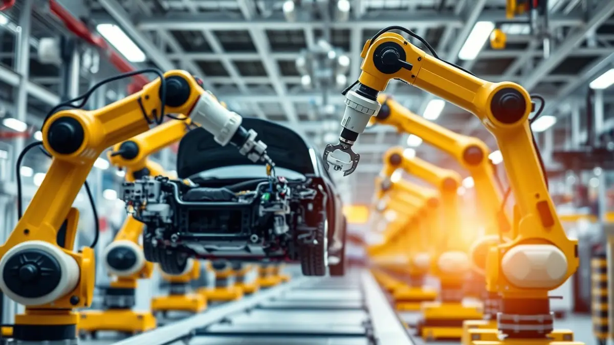 Generic image of a modern car factory interior with robotic arms assembling car parts.