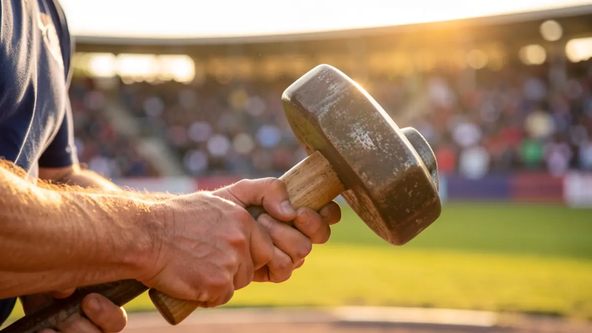 Imatge genèrica d'un martell d'atletisme en primer pla, amb un estadi esportiu desenfocat al fons.