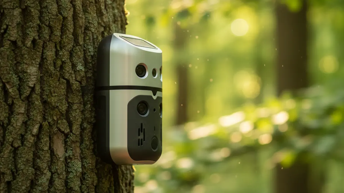 Imatge d'un sensor modern instal·lat en un arbre en un bosc dens, amb fullatge verd desenfocat al fons, indicant tecnologia de detecció primerenca d'incendis.