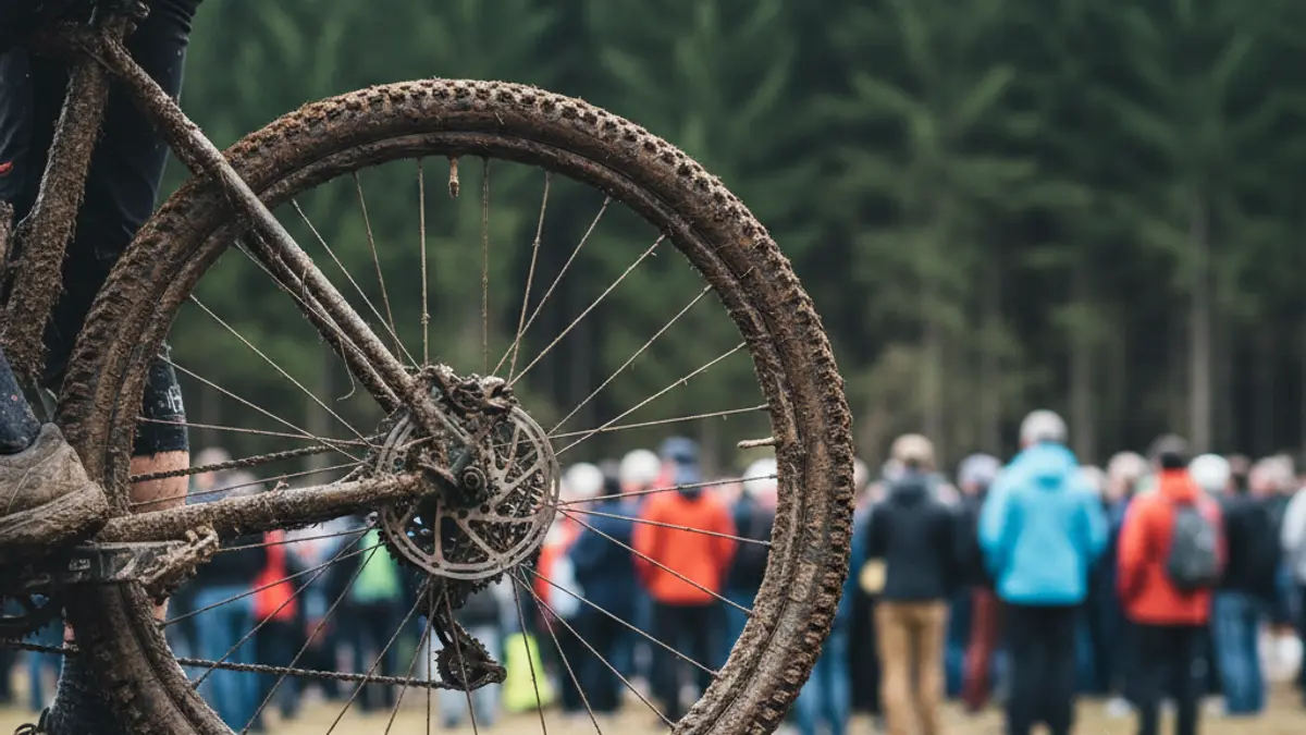 Imatge genèrica d'un ciclista de muntanya amb la cama i la roda de la bicicleta plenes de fang després d'una carrera.