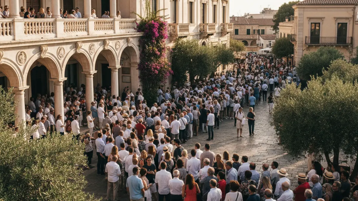 Imatge d'una llarga cua de veïns esperant per a arreplegar el programa de festes en un edifici històric de Vila-real.