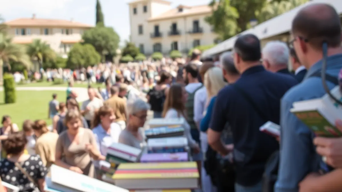 Imatge d'una fira del llibre amb molta afluència de públic, cues per a firmes i un ambient literari animat en un parc.