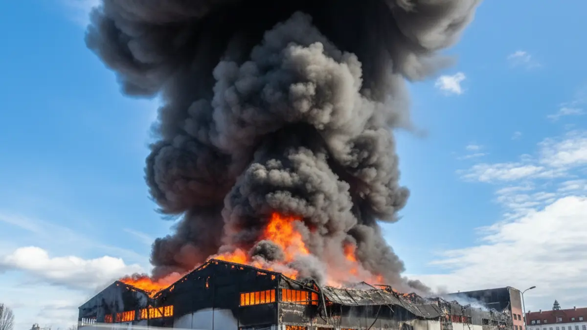 Imatge d'un incendi industrial amb fum espés i flames, sense persones ni vehicles identificables.