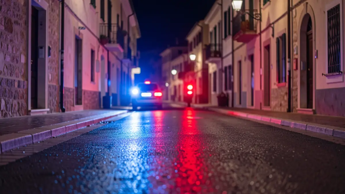 Imatge genèrica de llums d'emergència policials reflectint-se en asfalt mullat.