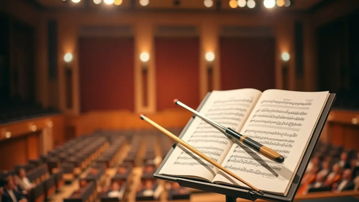 Imagen genérica de una batuta de director de orquesta sobre un atril con una partitura.