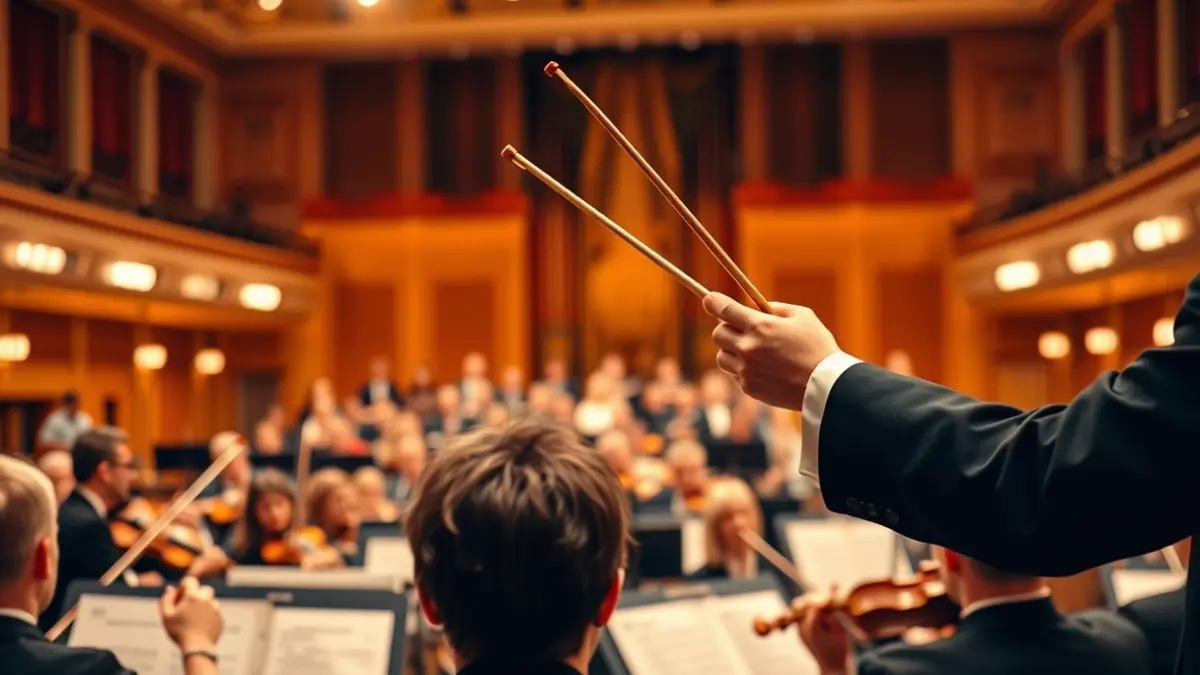 Generic image of an orchestra conductor with a baton at a concert.