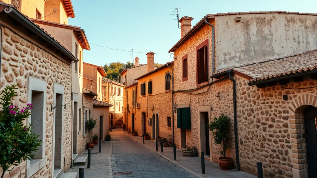 Imatge d'un poble rural en la comarca dels Ports, amb cases de pedra i carrers estrets, sota la llum del sol de la vesprada.