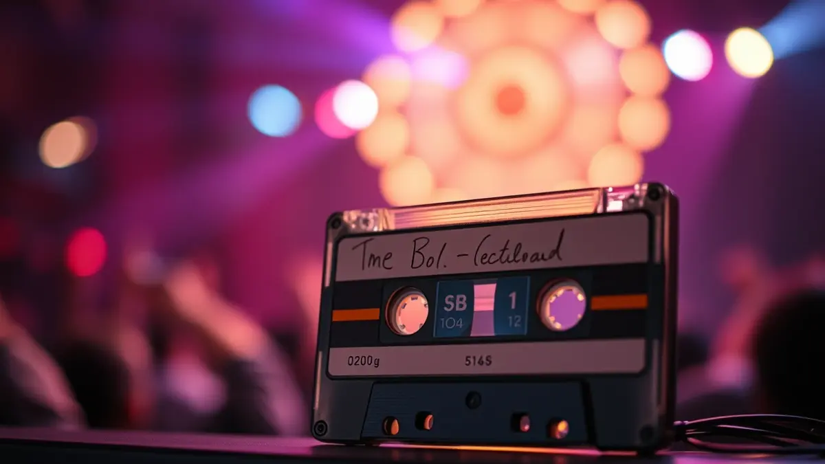 Generic image of a vintage cassette tape, with blurred concert lights and a nostalgic 80s atmosphere.