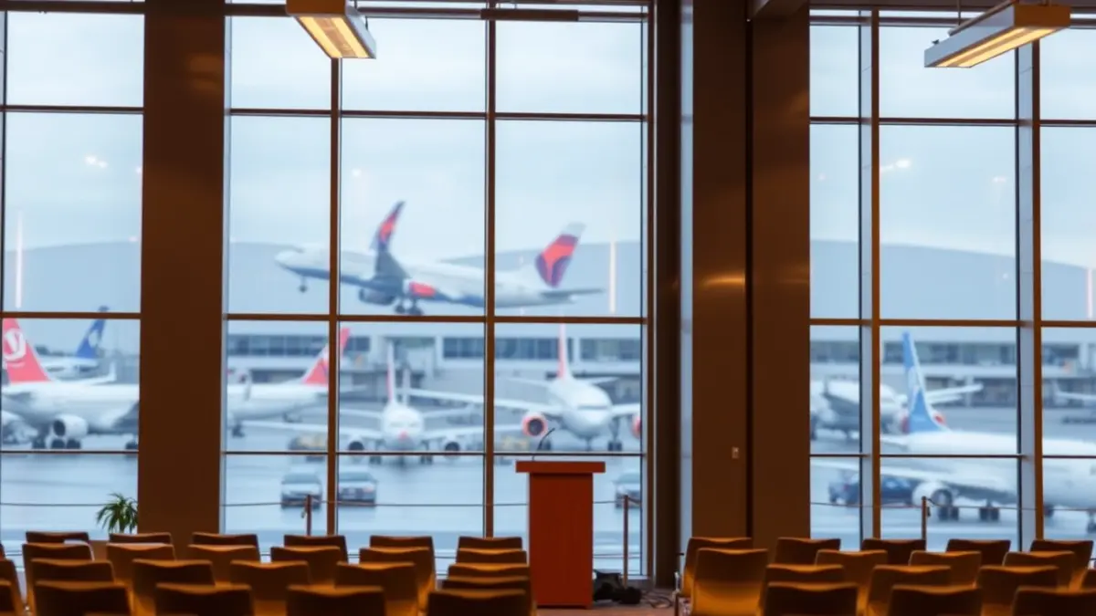 Image of a business assembly in a modern airport, with chairs and a podium, and blurred airplanes through the windows.