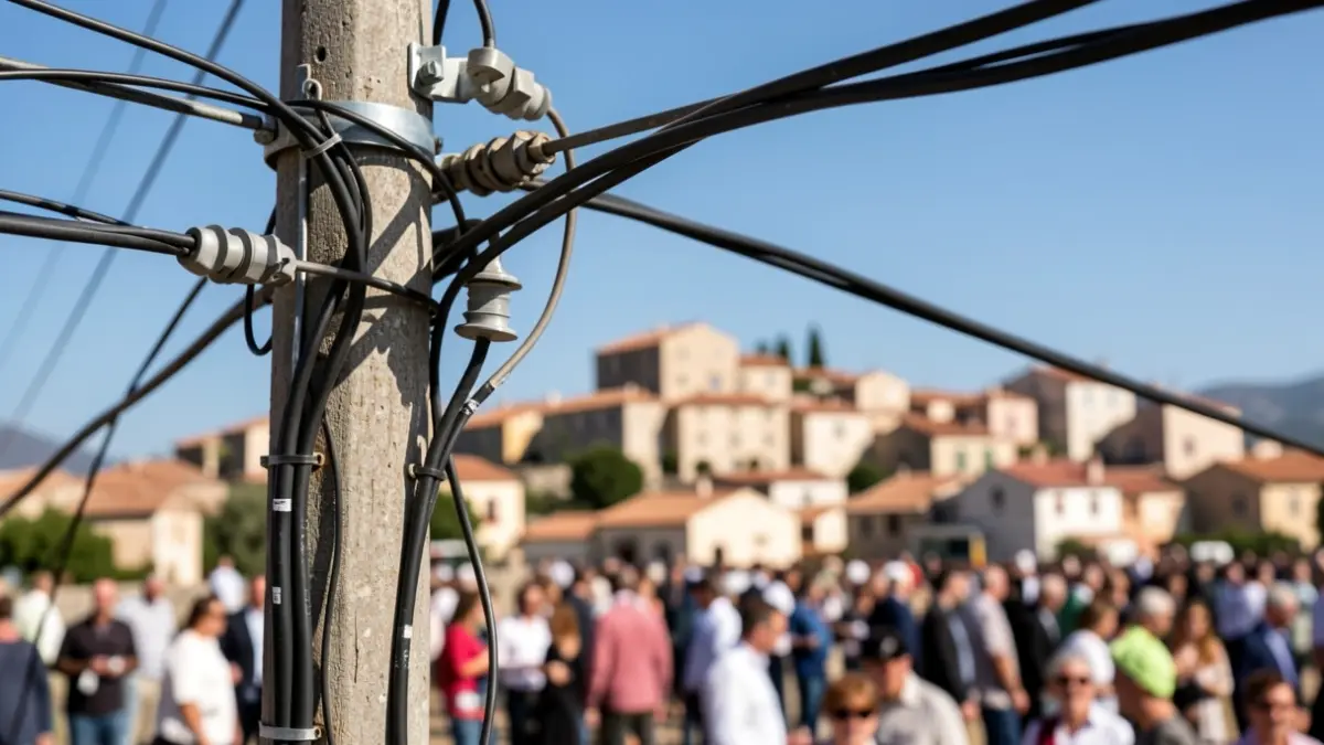 Imatge genèrica de cables elèctrics en un pal amb un poble mediterrani al fons.
