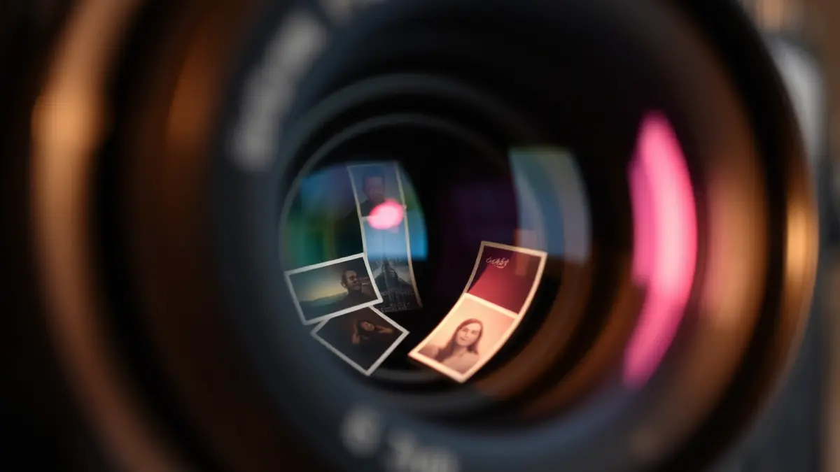 Imatge genèrica d'una lent de càmera antiga reflectint fotografies artístiques borroses, amb una llum càlida.
