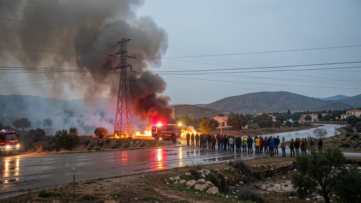 Generic image of a vegetation fire near a power line tower with emergency lights.