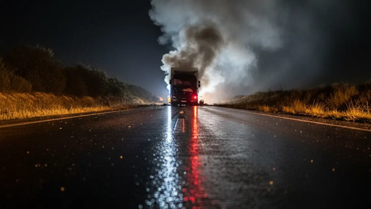 Imatge d'emergència amb llums reflectint-se en l'asfalt de nit, amb un vehicle gran borrós i fum, en una carretera rural de la Comunitat Valenciana.