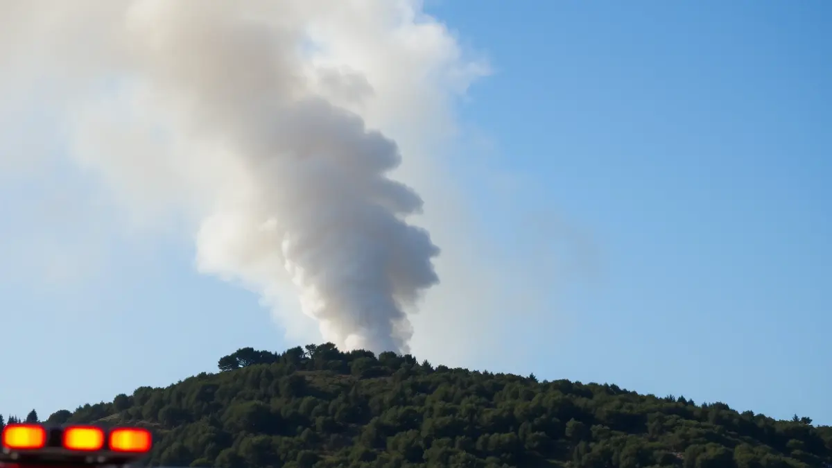 Imagen genérica de una columna de humo gris elevándose sobre un paisaje mediterráneo, con luces de emergencia borrosas en primer plano.
