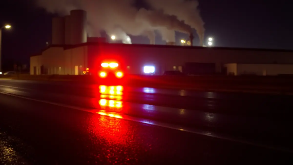 Generic image of emergency lights reflecting on wet asphalt, with a blurred industrial building in the background and faint smoke.