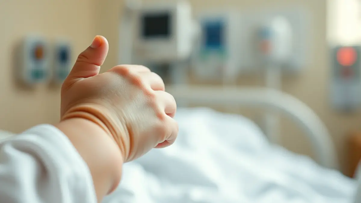 Imagen de la mano de un bebé sujetando el dedo de un adulto en un entorno hospitalario, simbolizando cuidado y vulnerabilidad.