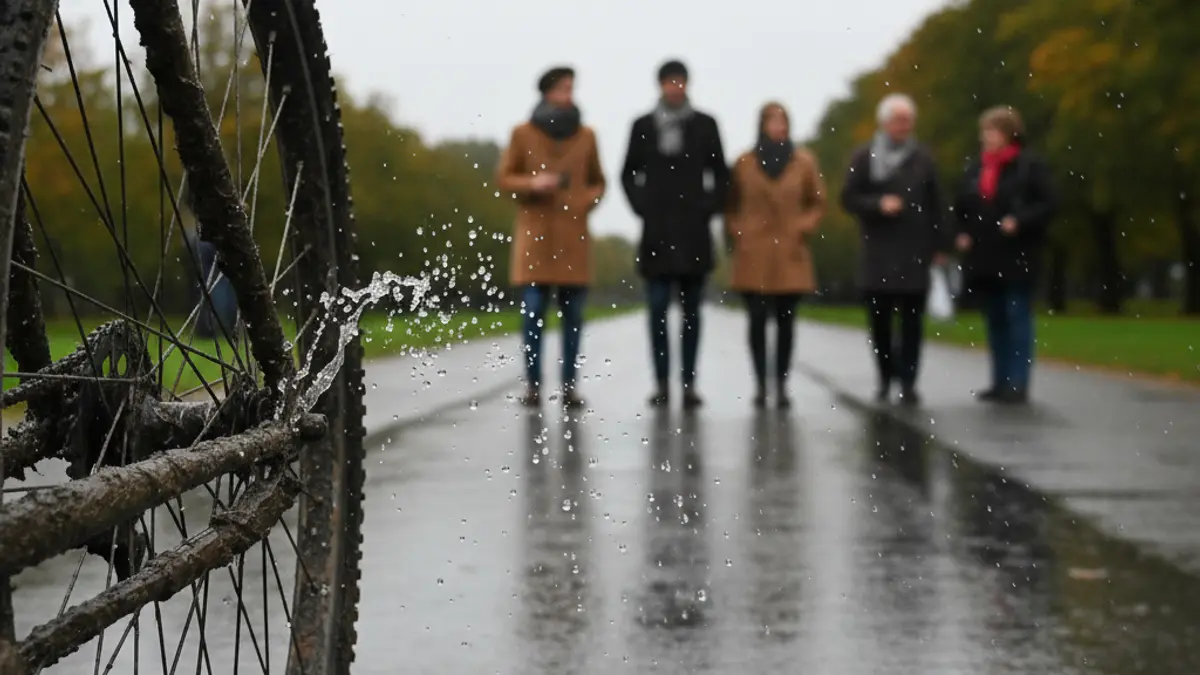 Imatge genèrica d'una roda de bicicleta amb fang i esguitades d'aigua en una carretera mullada, amb arbres verds desenfocats al fons i cel cobert.