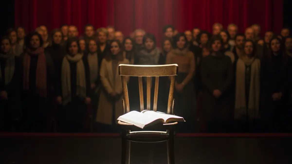 Imatge genèrica d'un escenari de teatre amb una cadira i un guió, il·luminat per un focus.