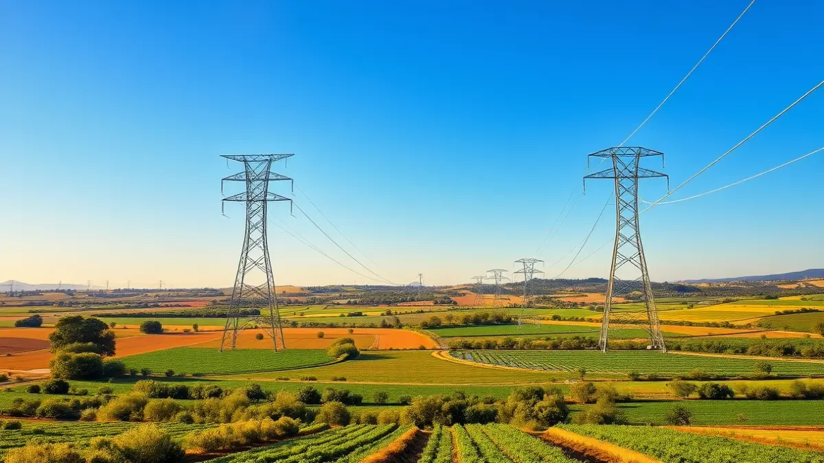 Imatge d'una línia elèctrica d'alta tensió travessant camps de cultiu en una zona rural valenciana.