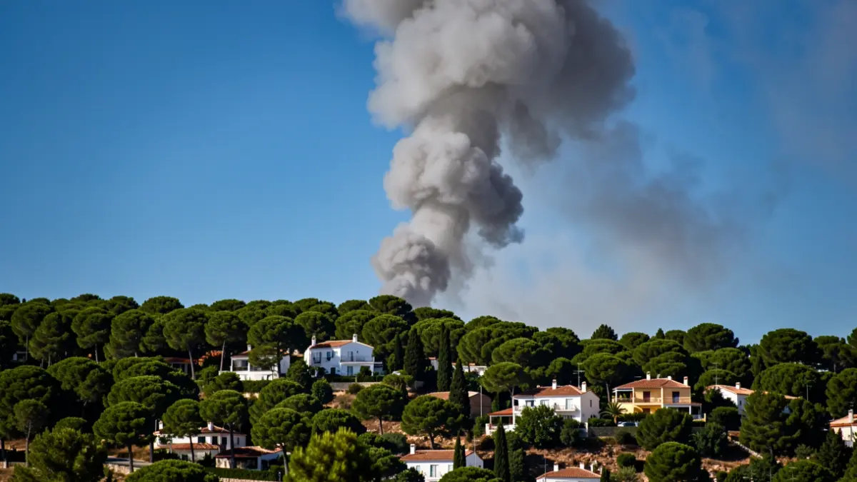 Columna de fum gris sobre una muntanya de pins prop d'habitatges a Alacant.