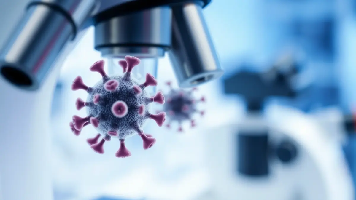 Generic image of a medical slide with viral particles under a microscope.