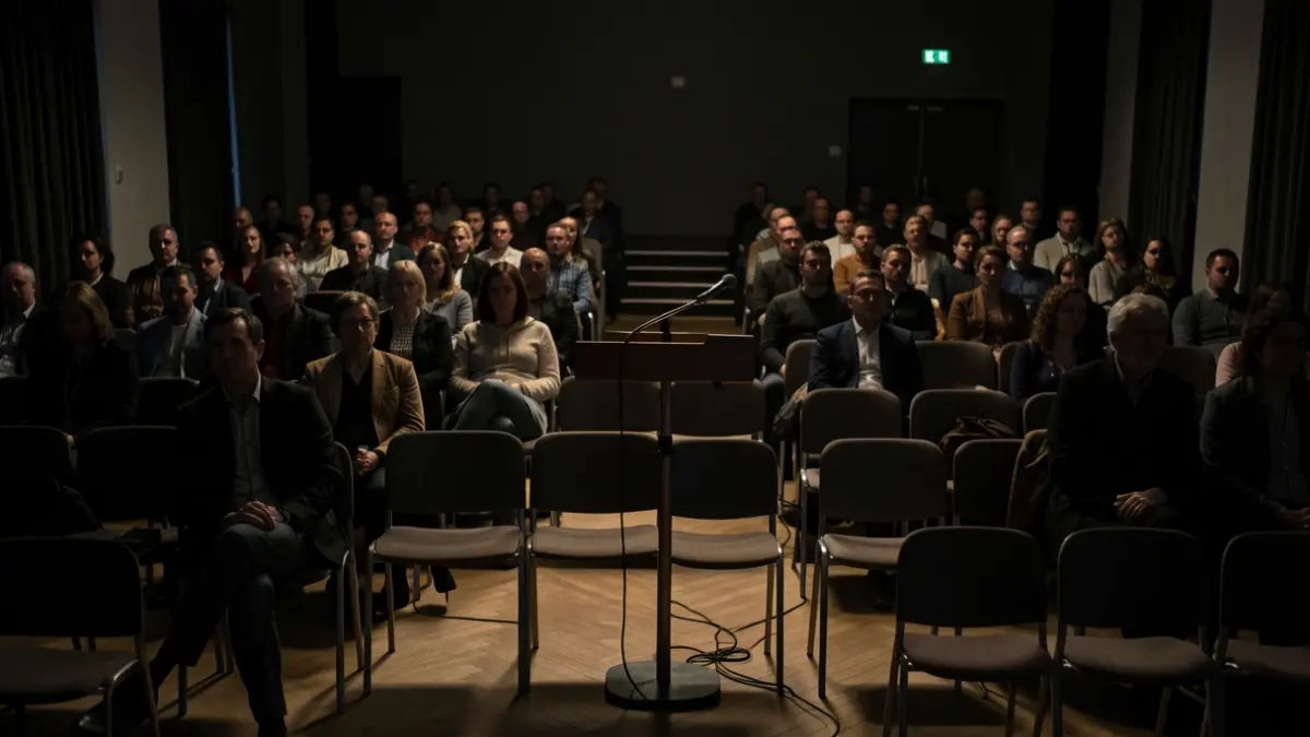 Imatge genèrica d'una sala de cinema o auditori buit, amb micròfon al faristol.