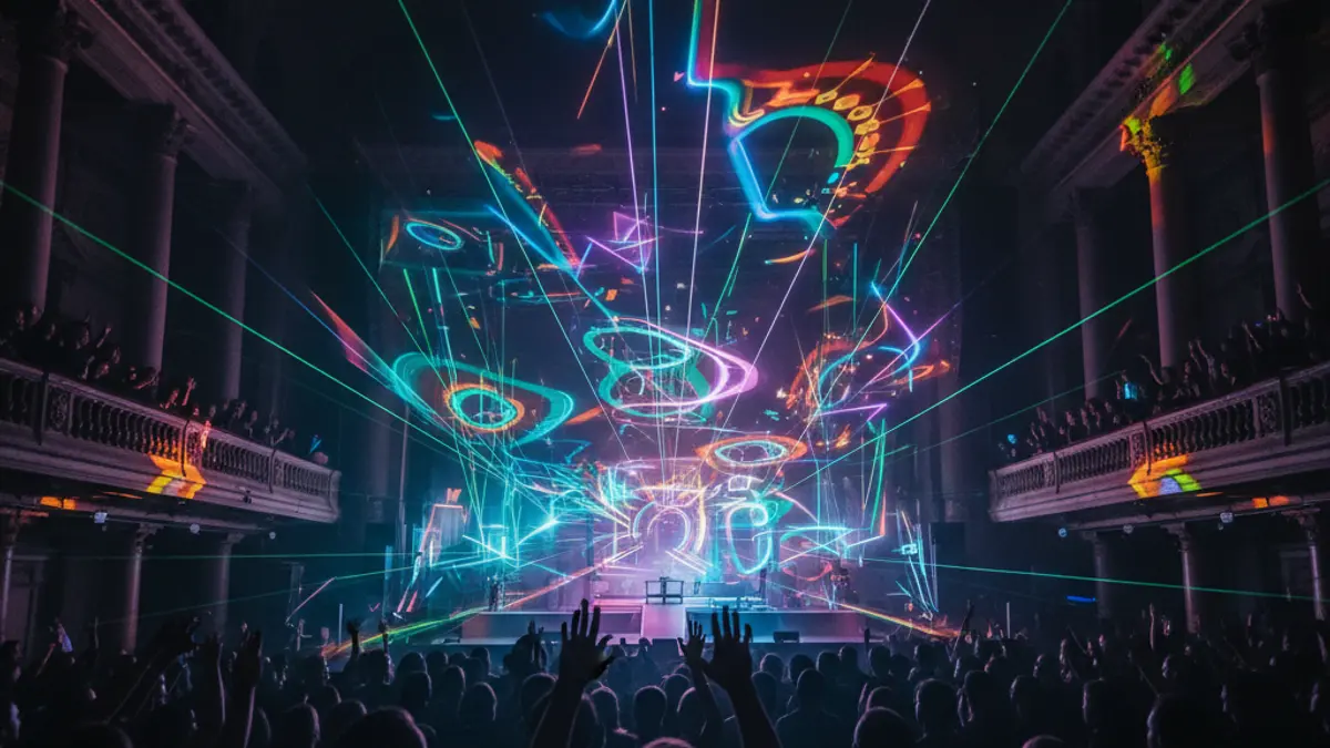 Imatge genèrica d'un escenari futurista amb projeccions de llum i làsers, creant una experiència immersiva en un concert de música electrònica.