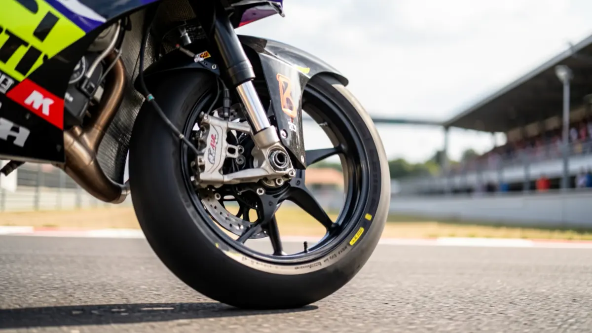 Imatge genèrica d'una roda de moto de MotoGP en un circuit.