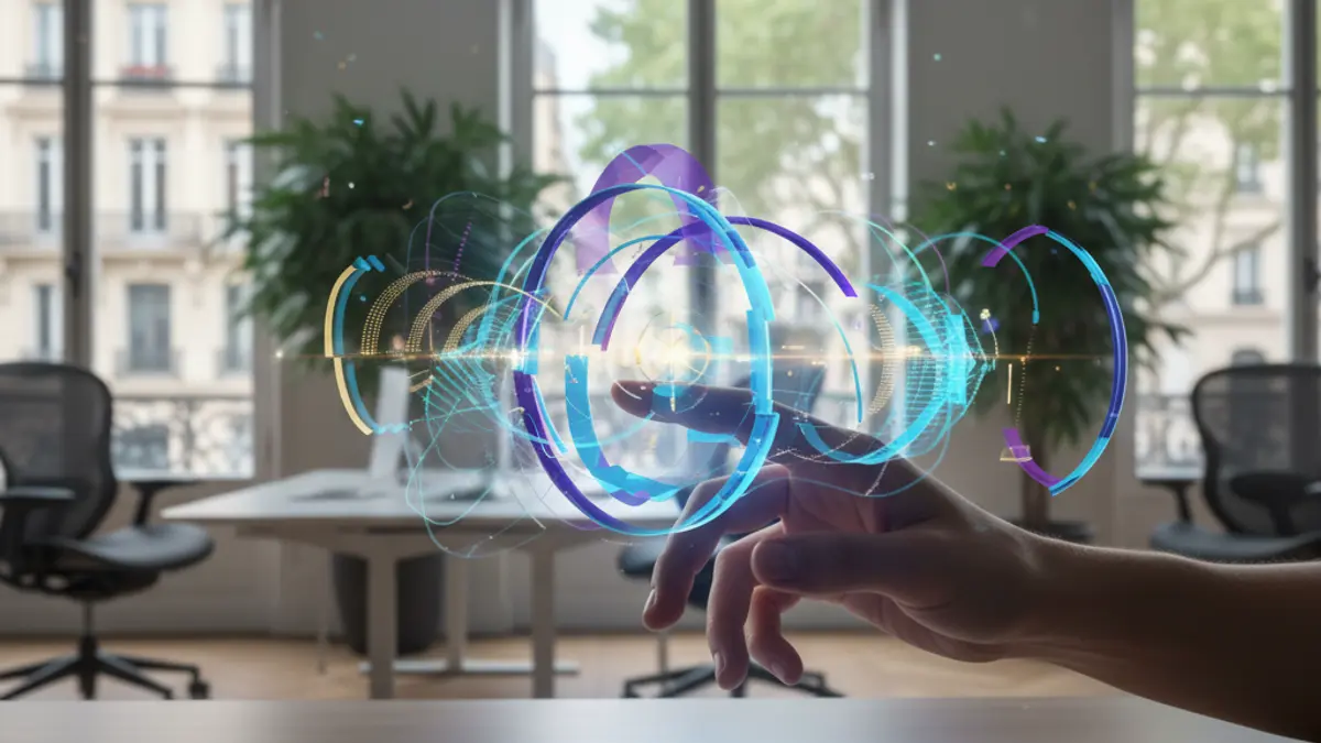 Imatge genèrica d'una mà interactuant amb una interfície hologràfica que mostra visualitzacions de dades abstractes, representant la intel·ligència artificial en l'àmbit laboral.