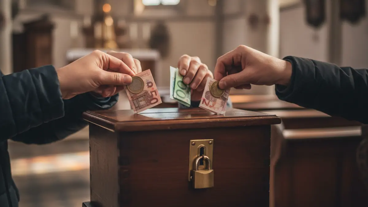 Imatge genèrica de mans depositant diners en una caixa de donacions en l'interior d'una església.