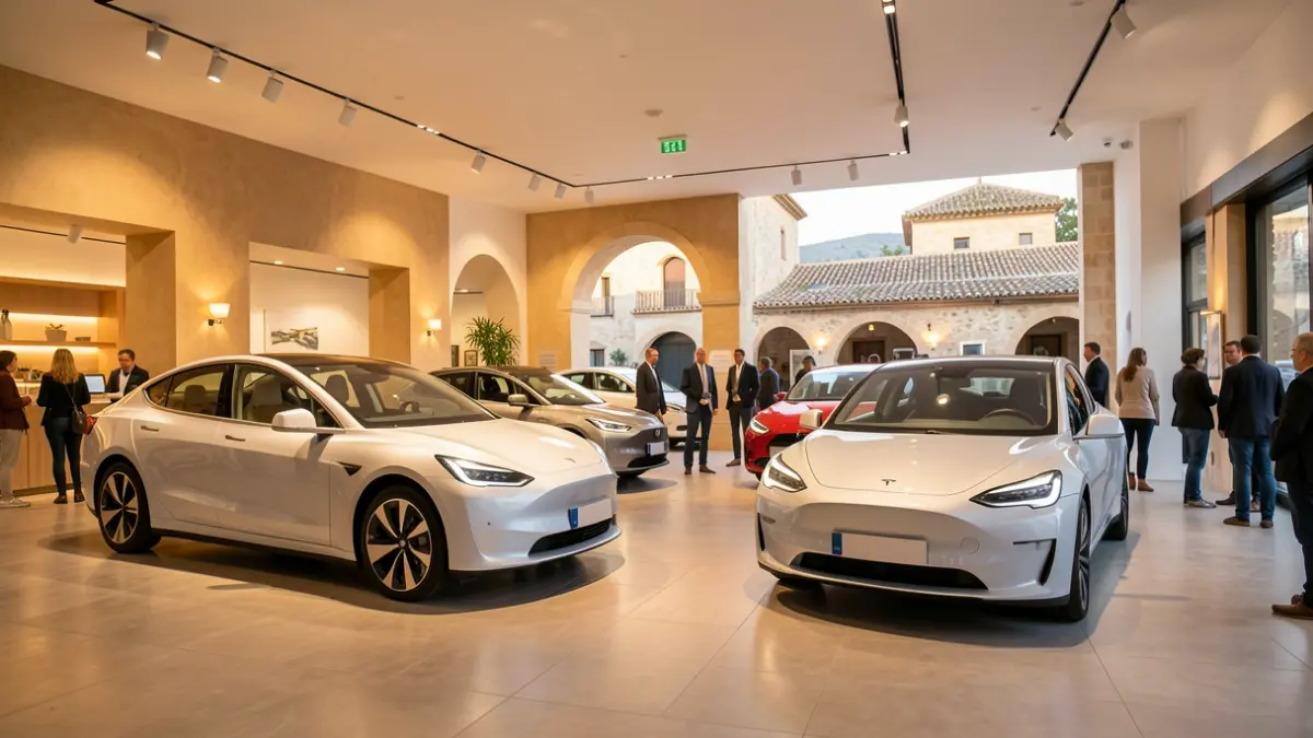 Imatge genèrica d'un concessionari de cotxes a València amb vehicles híbrids i elèctrics.