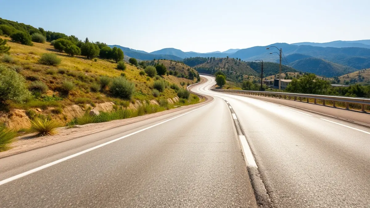 Generic image of a highway section with new asphalt and clear markings, in a Mediterranean landscape.