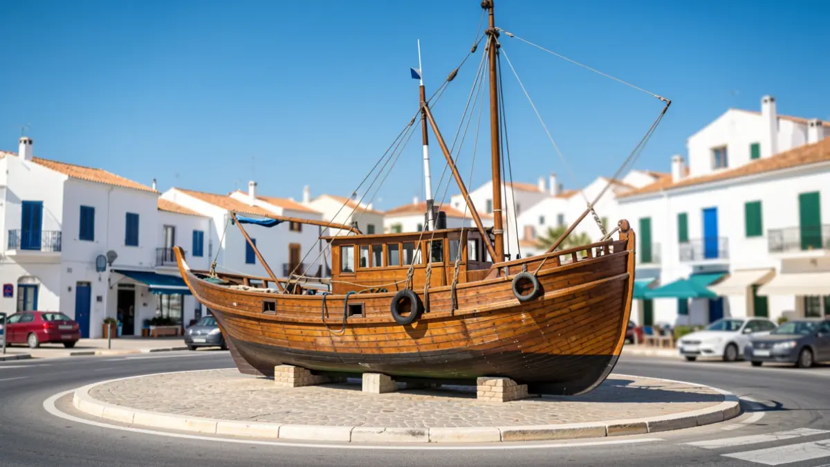 La barca històrica 'Choroll' restaurada en una rotonda d'accés a Duanes de la Mar, Xàbia.
