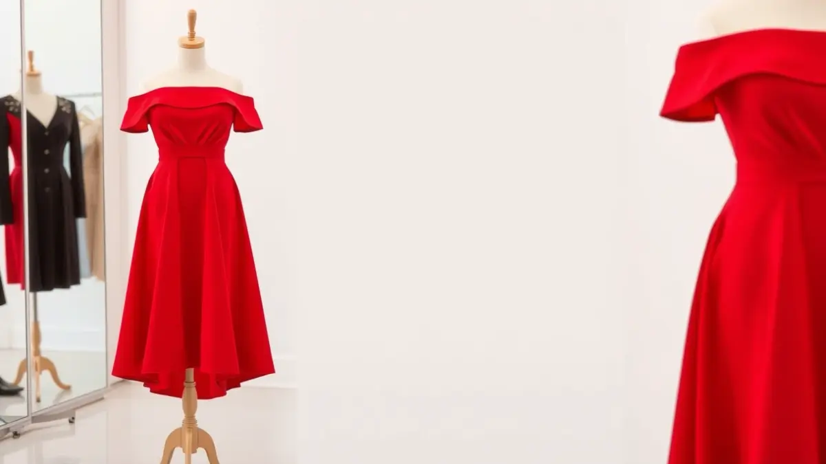 Image of a red midi dress with an off-the-shoulder design and nude high heels.