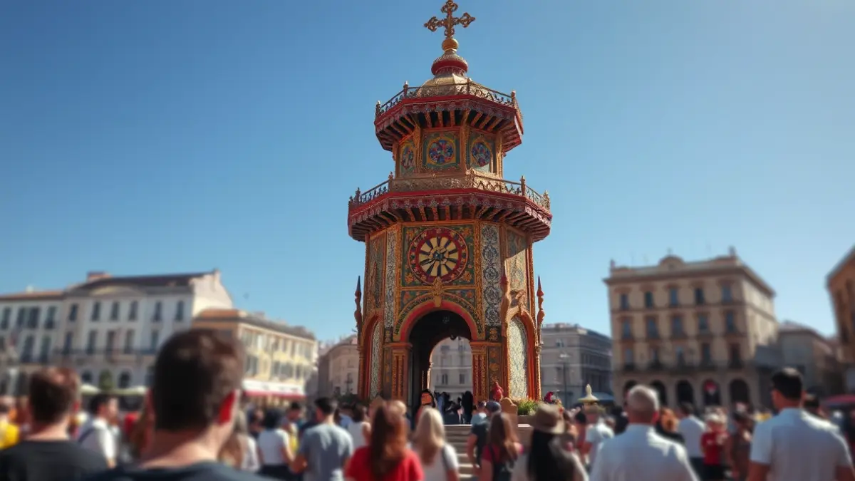 Imagen de una hoguera de San Juan en Alicante, con detalles artísticos y colores vivos, bajo un cielo azul y con gente al fondo.