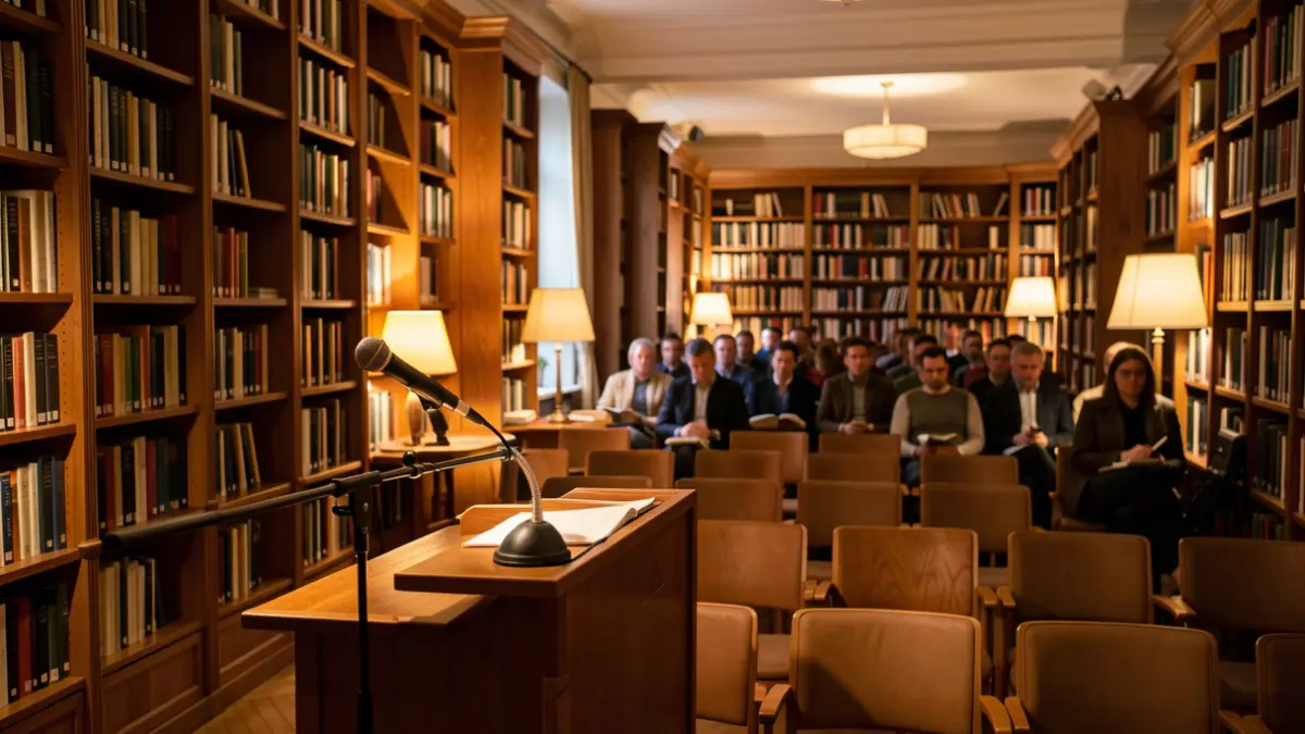 Generic image of a library with a lectern and microphone prepared for a literary presentation.