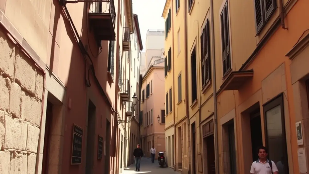 Image of a narrow, historic street in a Mediterranean city, with traditional architecture and warm sunlight.