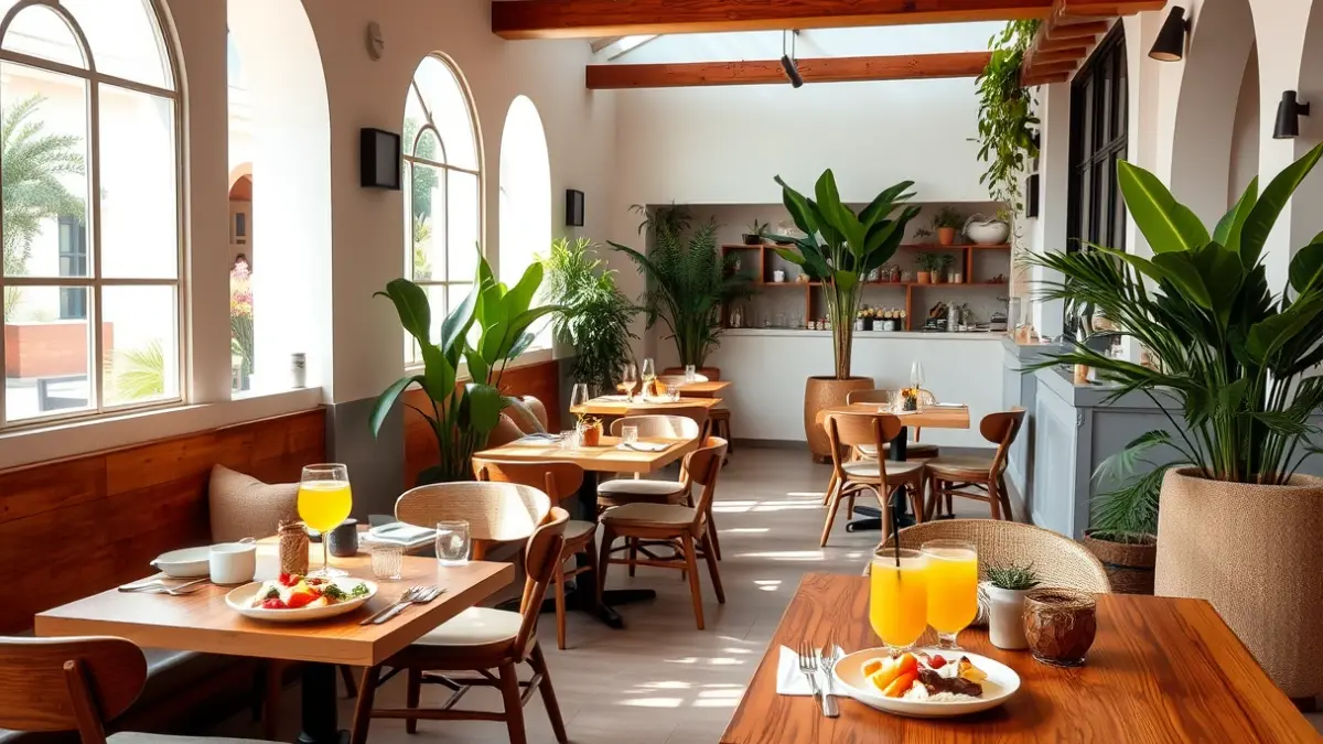 Imagen genérica de un local de brunch moderno y acogedor con mesas de madera y plantas, con luz natural.
