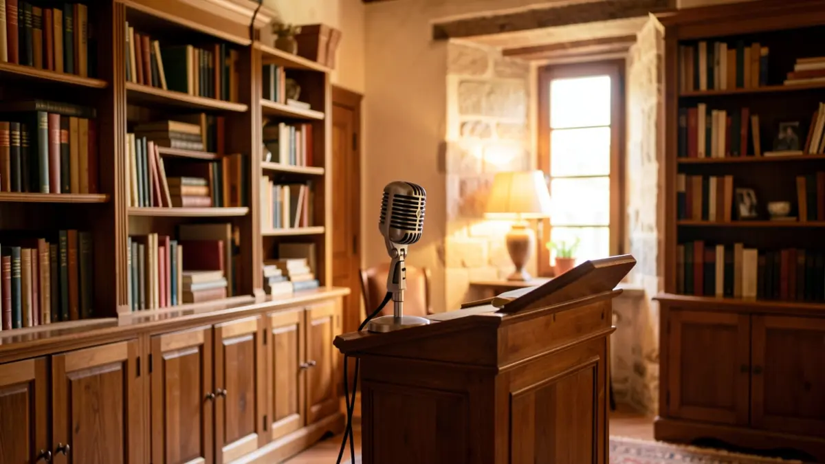 Imatge de l'interior d'una biblioteca amb prestatgeries de fusta i un micròfon, ambient cultural.