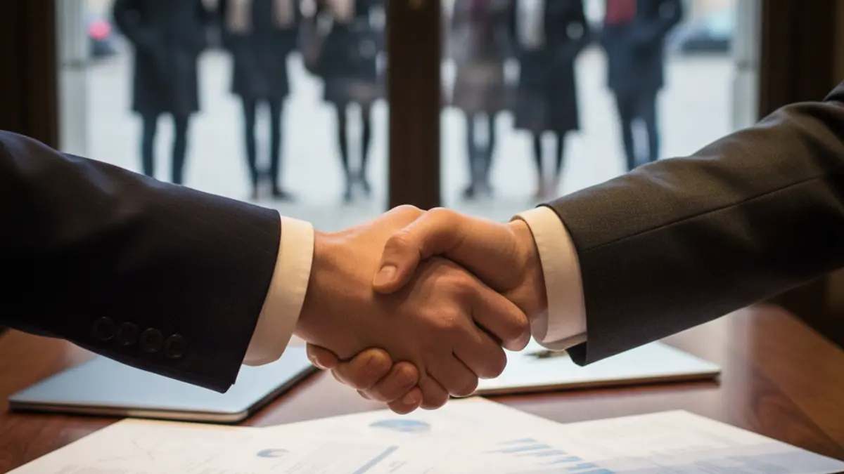 Imatge genèrica de dos mans encaixant-se en un entorn d'oficina, simbolitzant un acord o col·laboració empresarial.