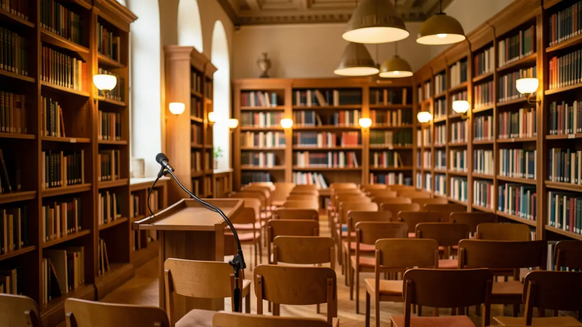 Generic image of an academic lecture hall with warm lighting.