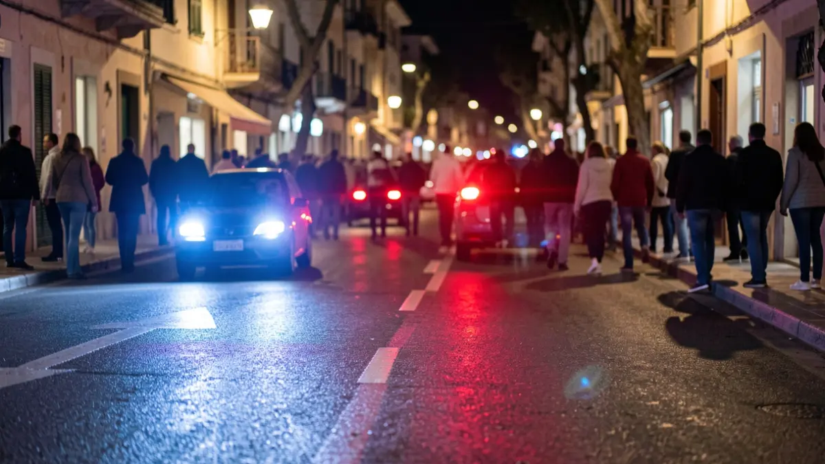 Imatge genèrica de llums d'emergència policials reflectint-se en asfalt mullat de nit.