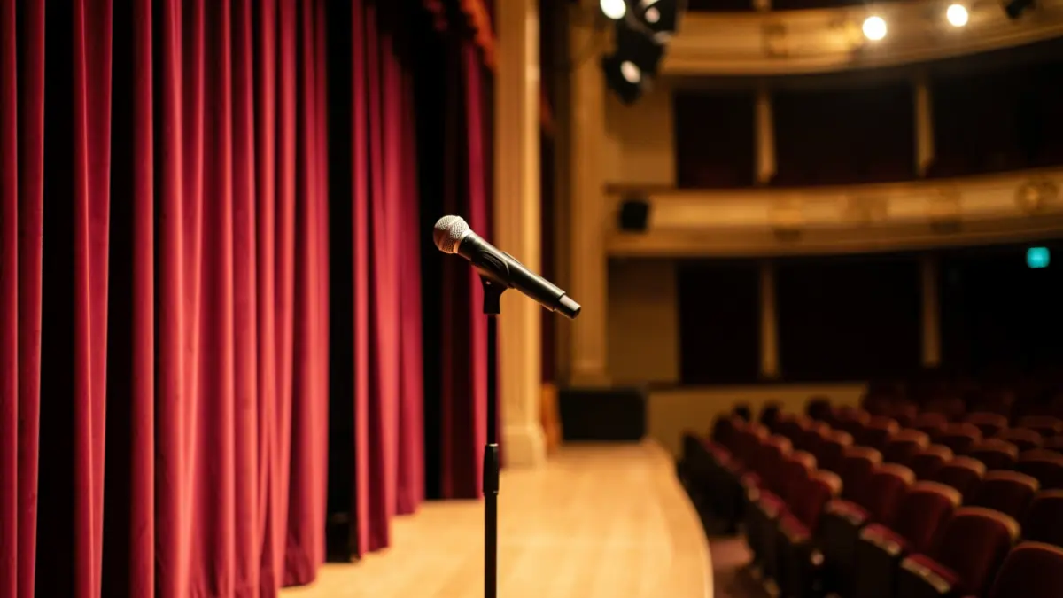 Image of a theater stage with velvet curtains and professional lighting.