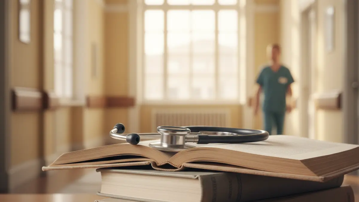 Imatge genèrica d'un estetoscopi sobre llibres de medicina en un hospital.