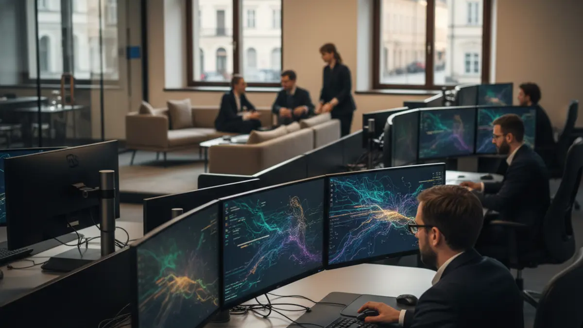 Imagen genérica de un centro digital moderno con pantallas de ordenador y espacios de trabajo colaborativos.
