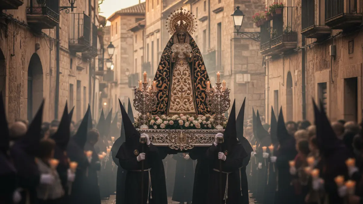 Image of a traditional religious procession in a Mediterranean town, with blurred figures carrying a religious effigy.