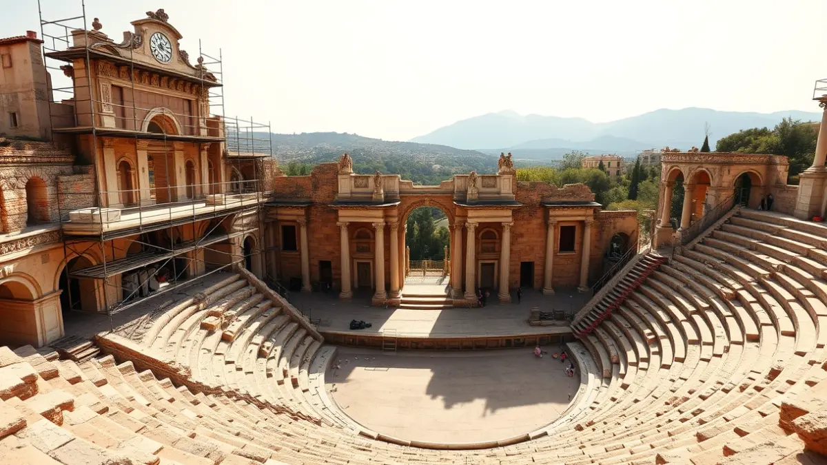 Imatge del Teatre Romà de Sagunt amb elements de restauració, sota la llum del sol de la vesprada.
