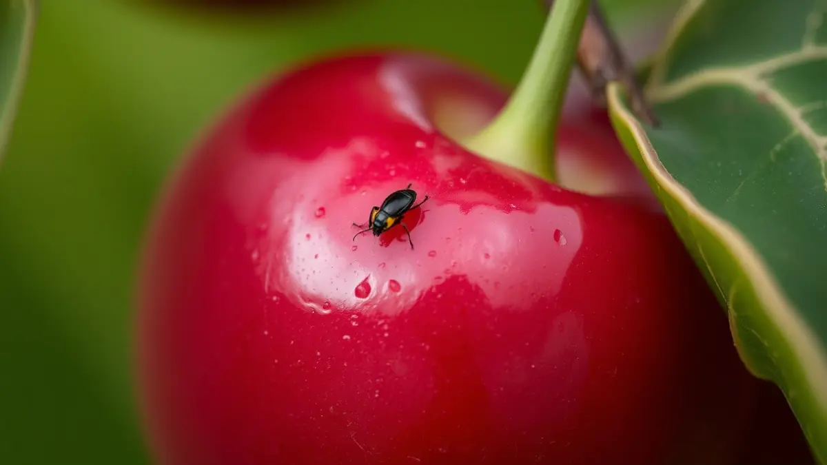 Imatge d'una cirera amb un insecte, representant la plaga de la mosca de les ales tacades en un cultiu valencià.