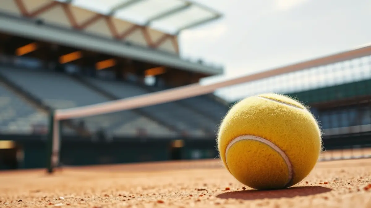 Generic image of a tennis ball on a clay court, with a blurred net and stands in the background.