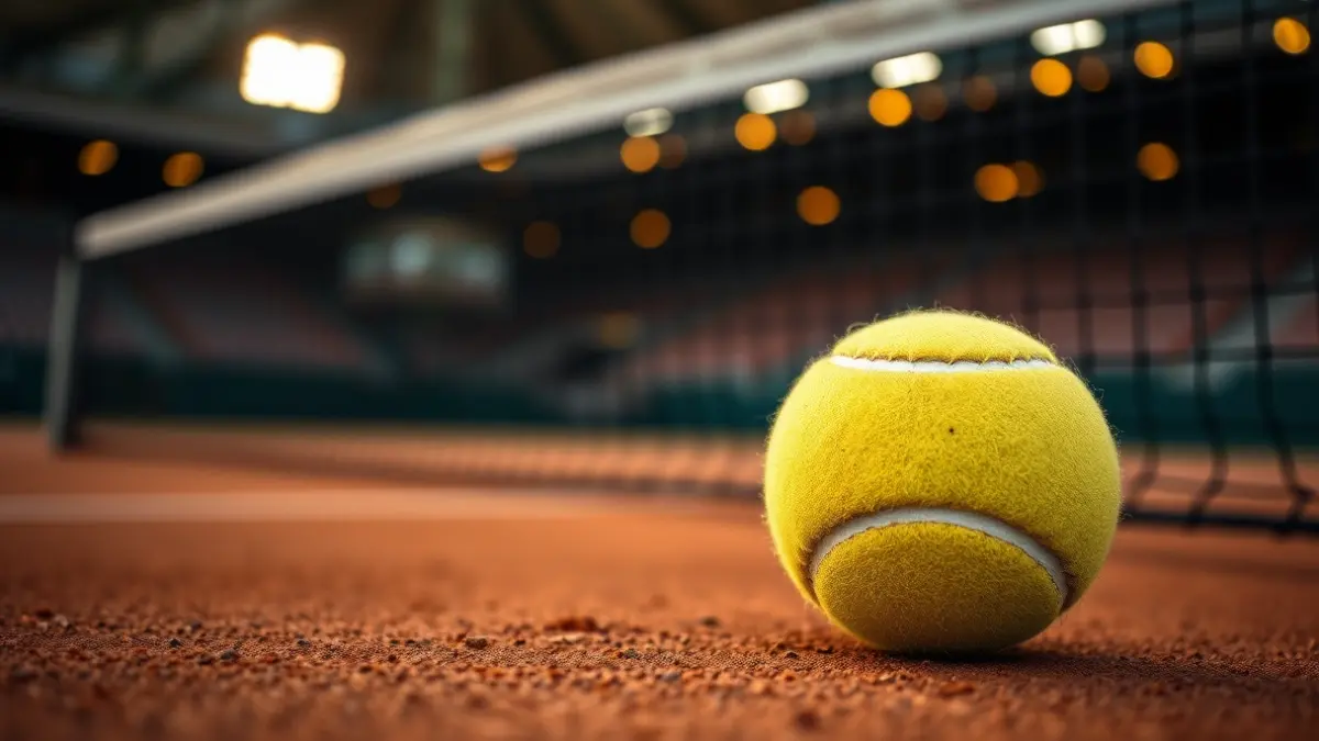 Imagen genérica de una pelota de tenis en una pista de tierra batida, con la red desenfocada al fondo.